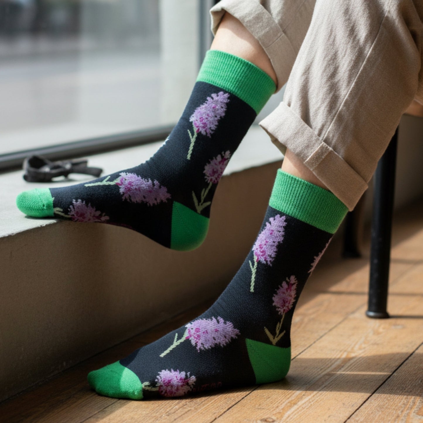 Person wearing orchid socks 