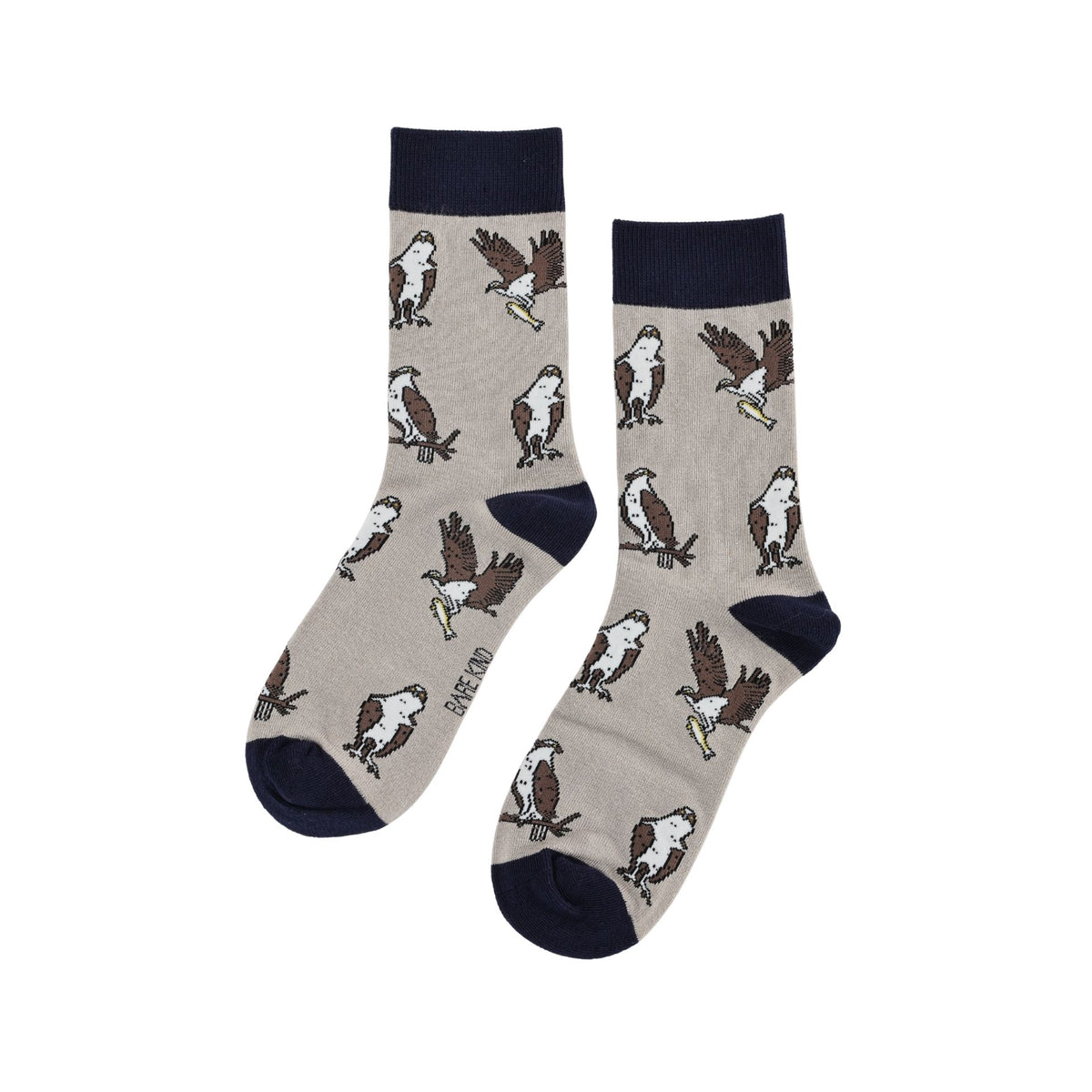 A pair of crew socks with a light gray base featuring a repeating pattern of brown and white ospreys, with dark navy cuffs, heels, and toes.