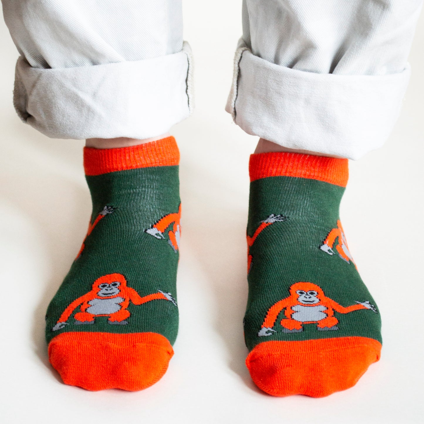 standing model wearing orangutan trainer socks made from bamboo