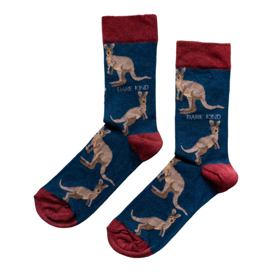 flat lay navy blue bamboo socks with woven wallaby print