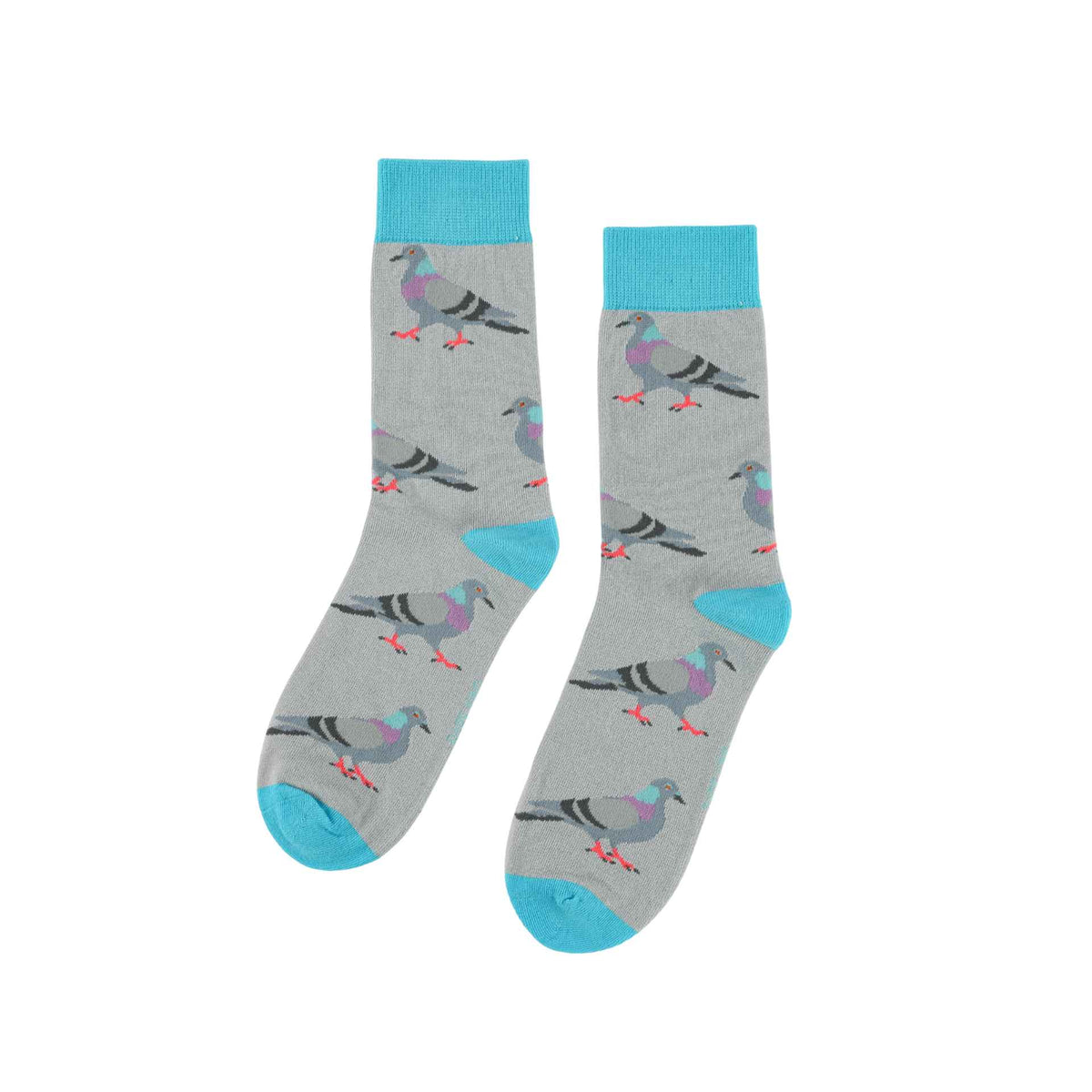 A pair of gray crew socks featuring a repeating pattern of colorful pigeons, with bright turquoise blue cuffs, heels, and toes, displayed on a clean white background.