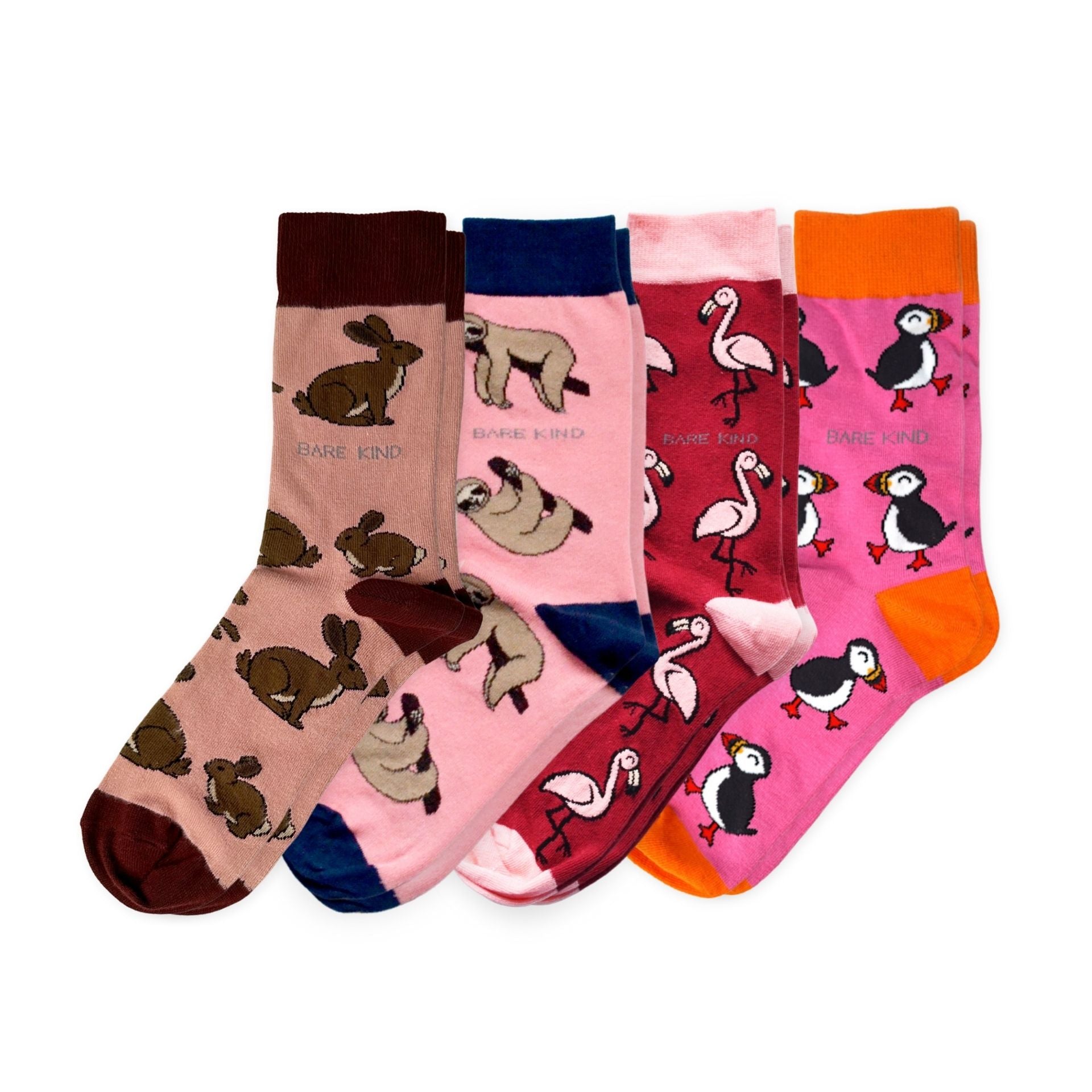 flat lays of Hare, Sloth, Flamingo & Pink Puffin bamboo socks