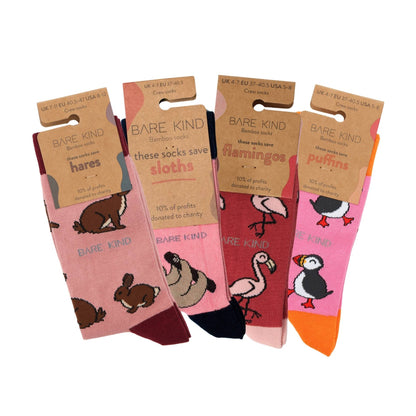 flat lays of Hare, Sloth, Flamingo & Pink Puffin bamboo socks