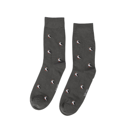 Dark gray socks with small puffin pattern on a white background