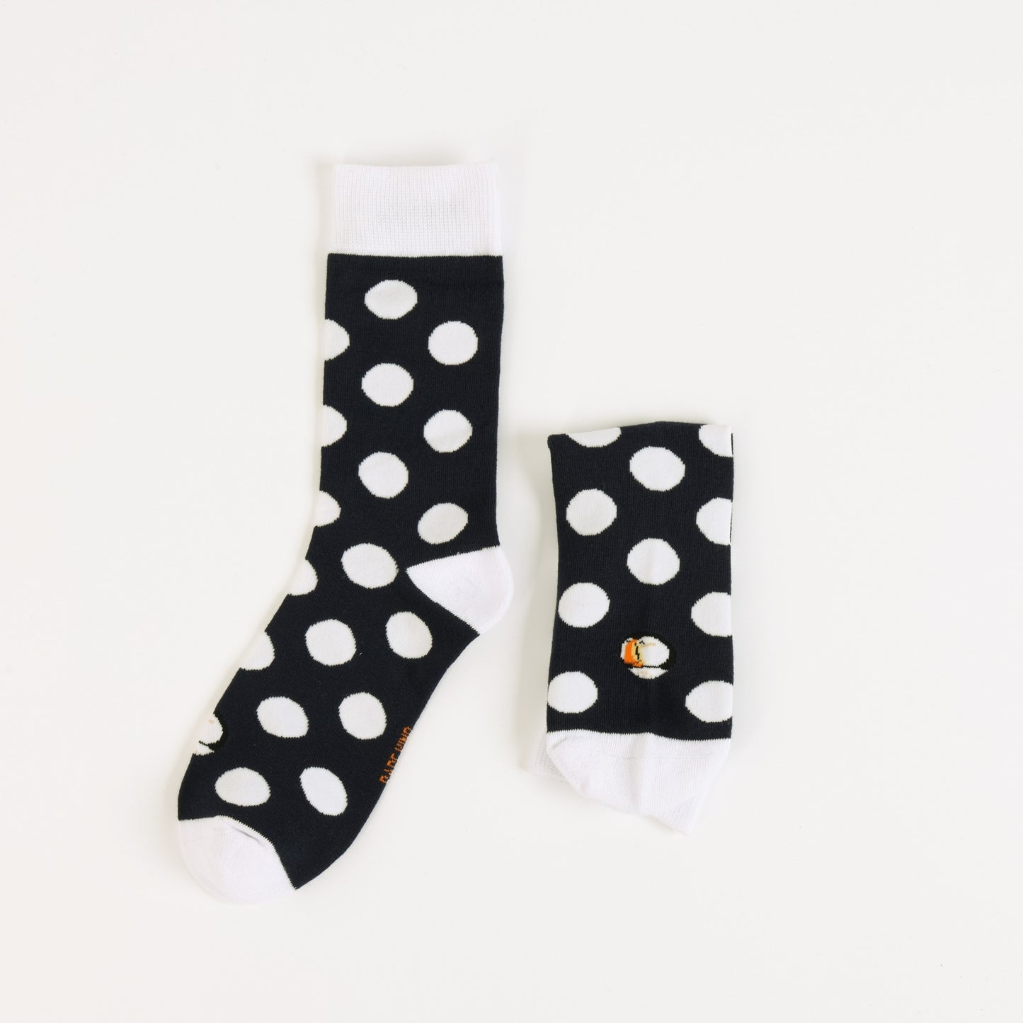 Black socks with white polka dots on a white background