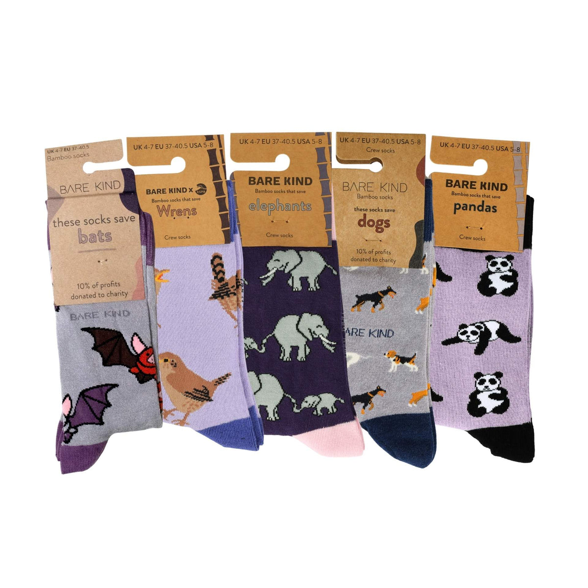 Five pairs of Bare Kind novelty socks displayed side-by-side on their cardboard hangers against a white background. 