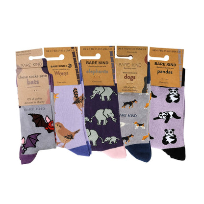 Five pairs of Bare Kind novelty socks displayed side-by-side on their cardboard hangers against a white background. 