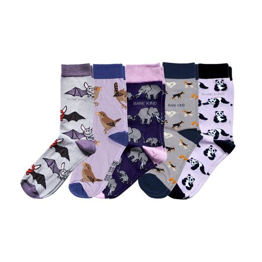 A set of five crew socks in assorted colors, each featuring a different animal print including bats, birds, elephants, dogs, and pandas.