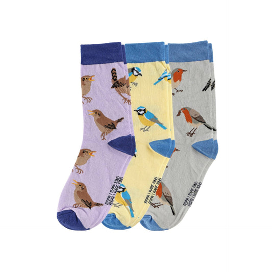 Three pairs of children's crew socks with bird patterns, displayed side-by-side on a white background. The left sock is lavender purple, the middle is pale yellow, and the right is light gray, each featuring blue ribbed cuffs and toes with multicolored bird illustrations.