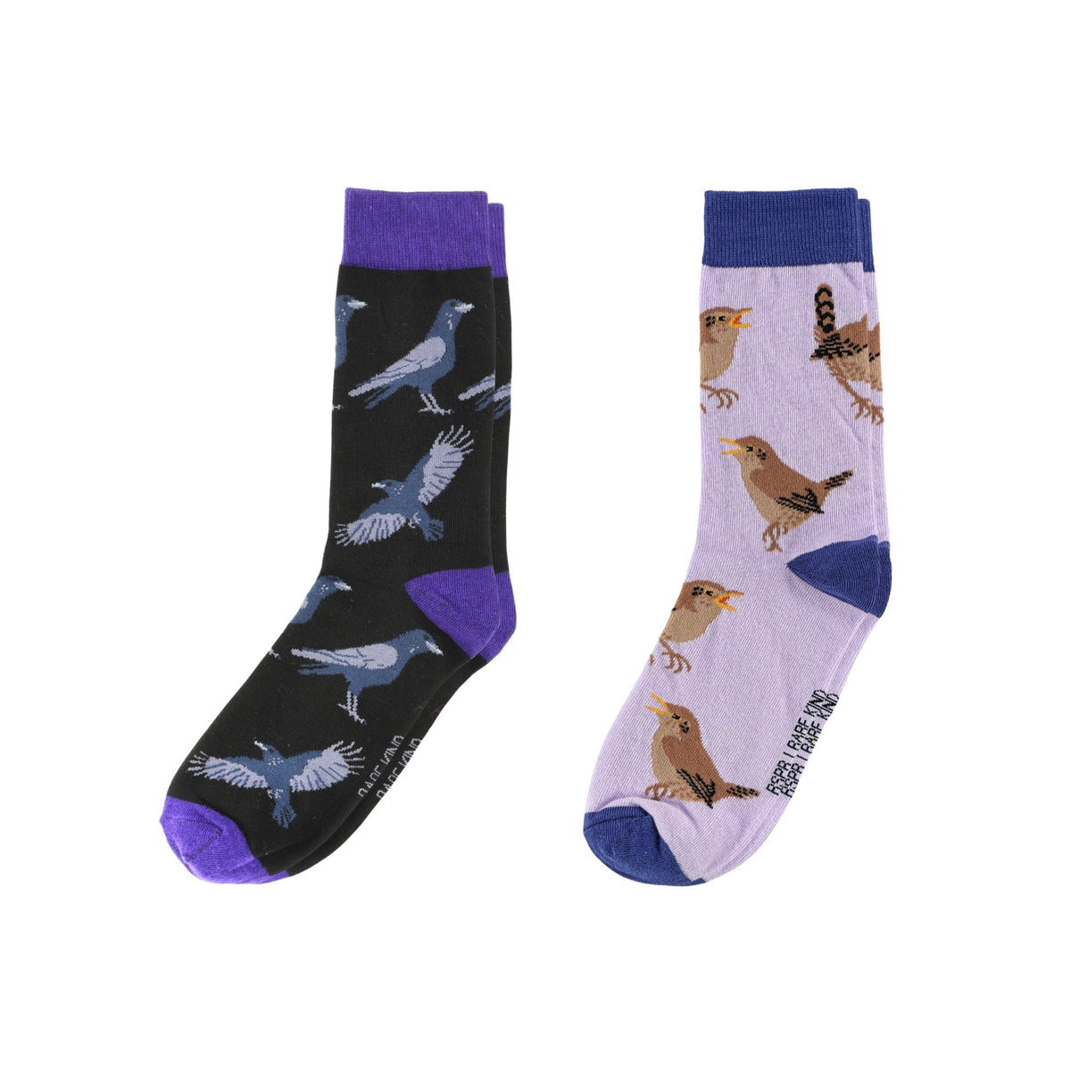 Two pairs of novelty crew socks shown side by side on a plain white background. The left sock is black with purple cuffs, heels, and toes, and features blue-gray bird illustrations.