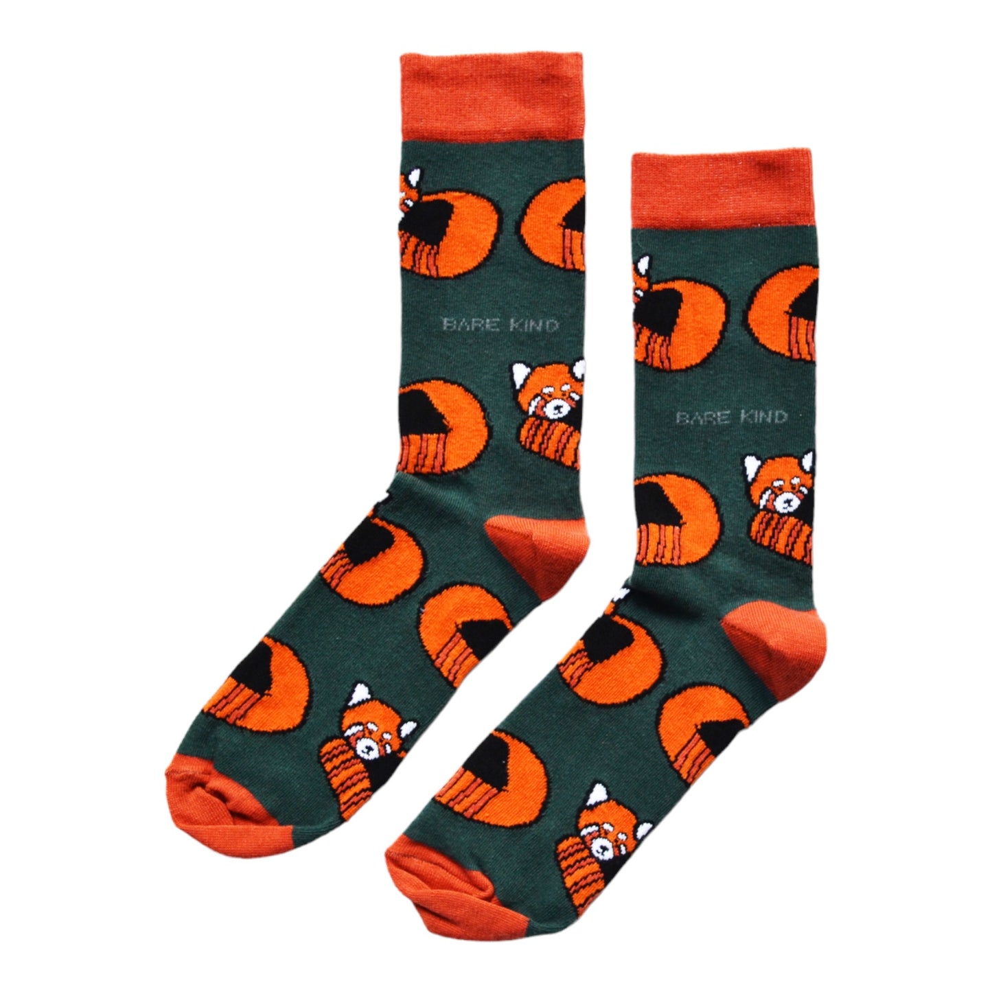 flat lay of dark green bamboo socks with woven red panda design