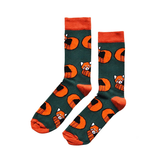 flat lay of dark green bamboo socks with woven red panda design