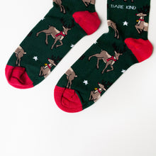 toe closeup flat lay of christmas reindeer socks