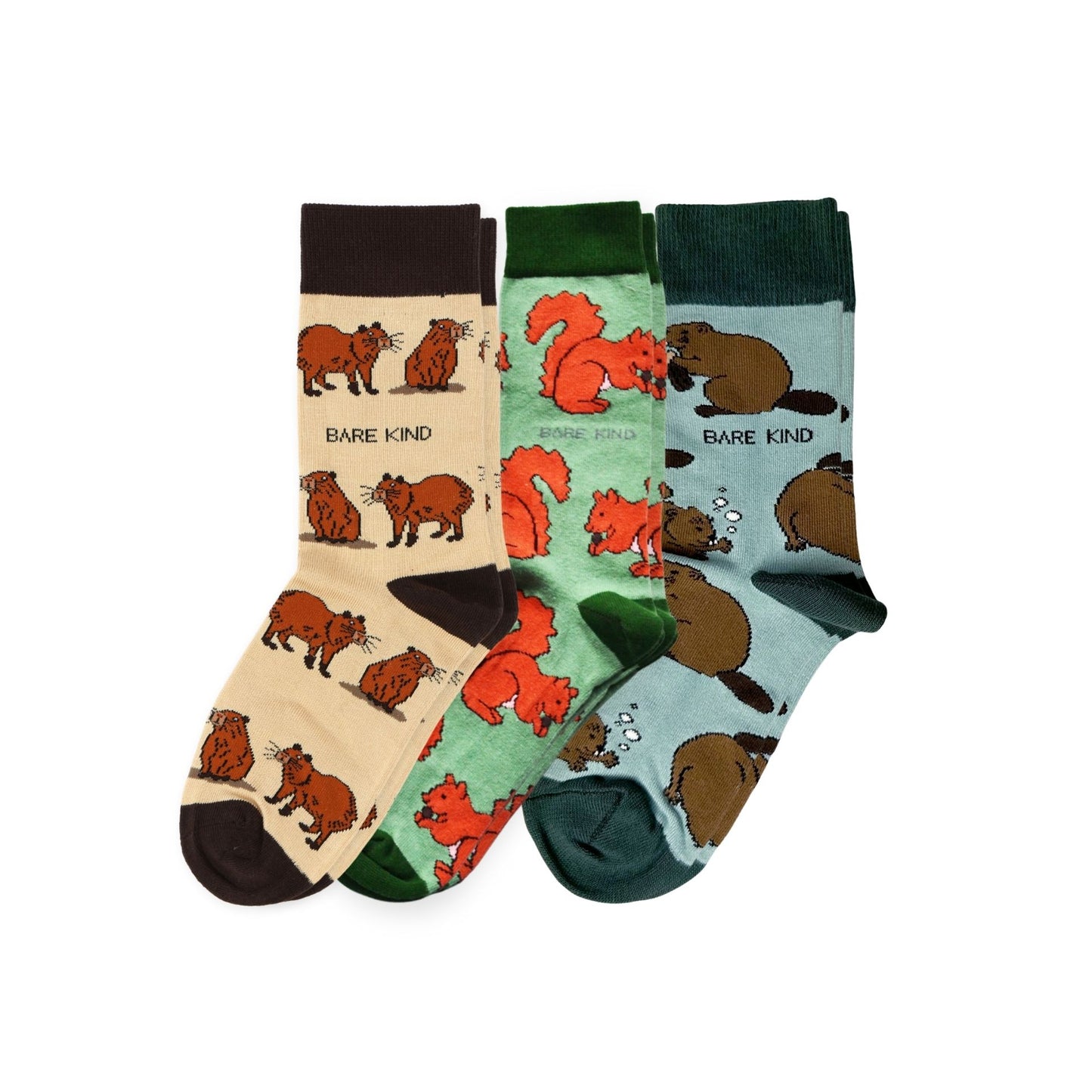 Three pairs of socks with animal patterns on a white background