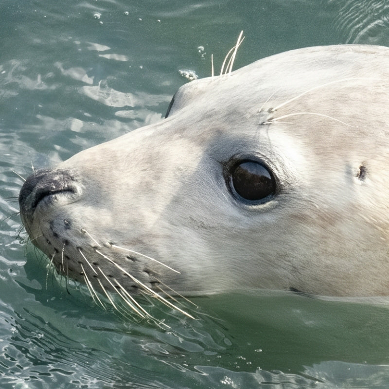 Close-up of a seal's head above water with a blurred background