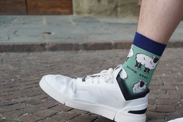 Model wearing sheep bamboo socks