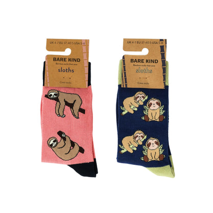 Two pairs of socks with sloth designs on a white background, branded 'Bare Kind'.