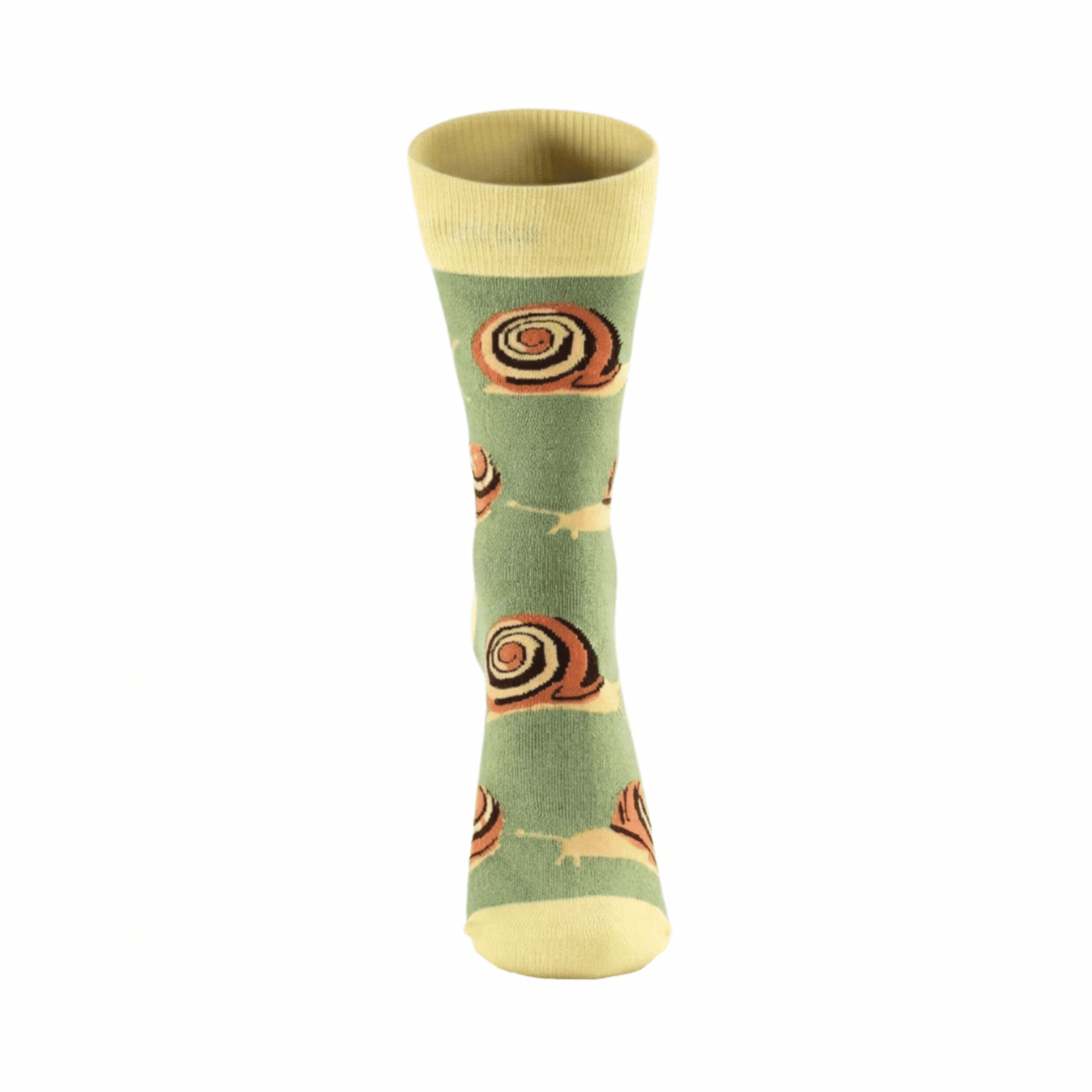 Green socks with snail pattern on a white background