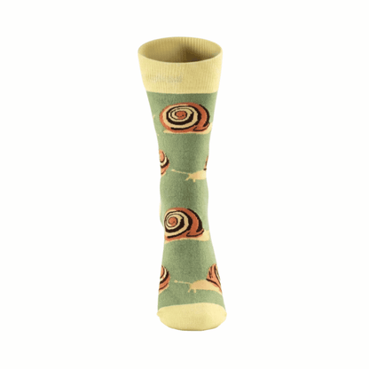 Green socks with snail pattern on a white background