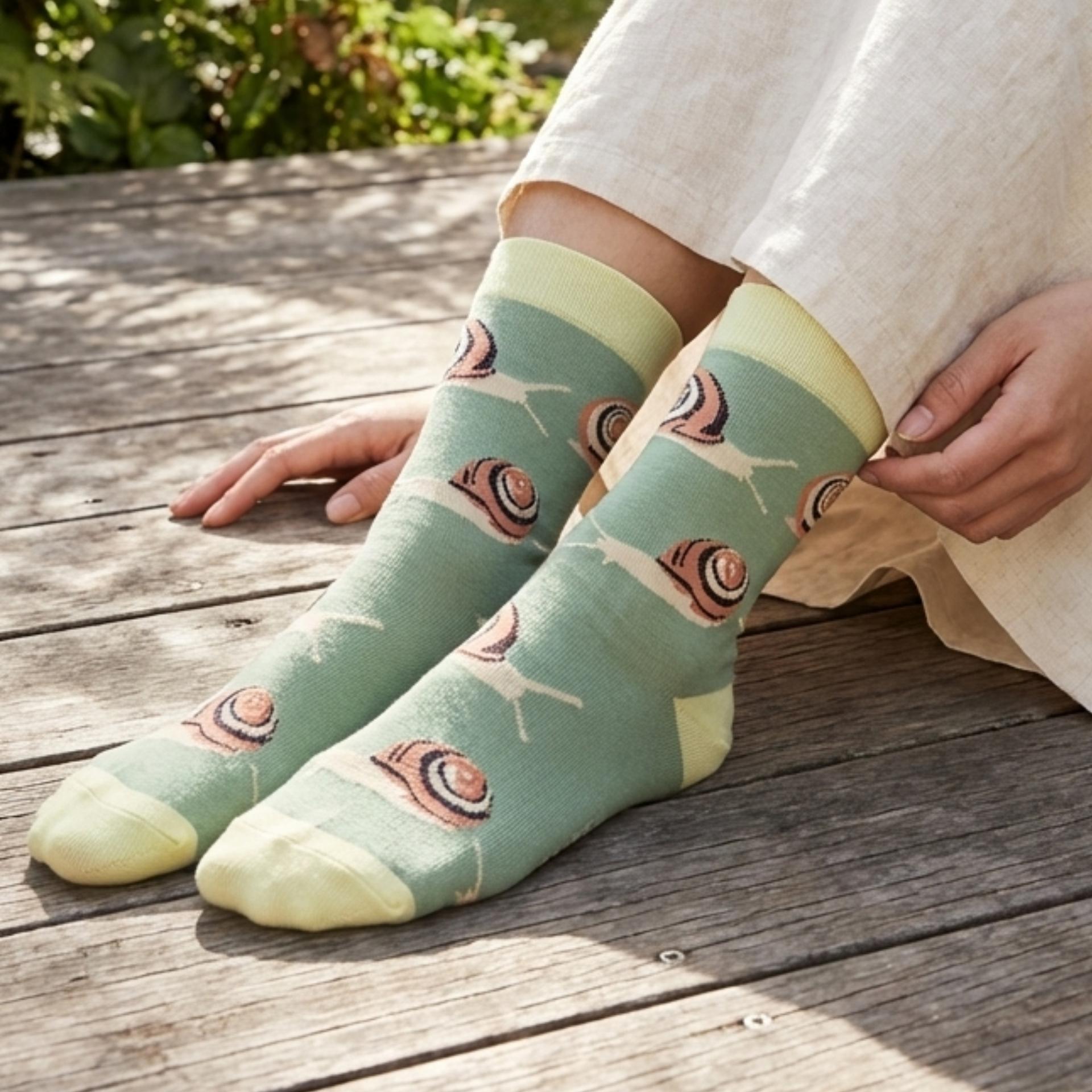 Person wearing green socks with snail design on a wooden surface