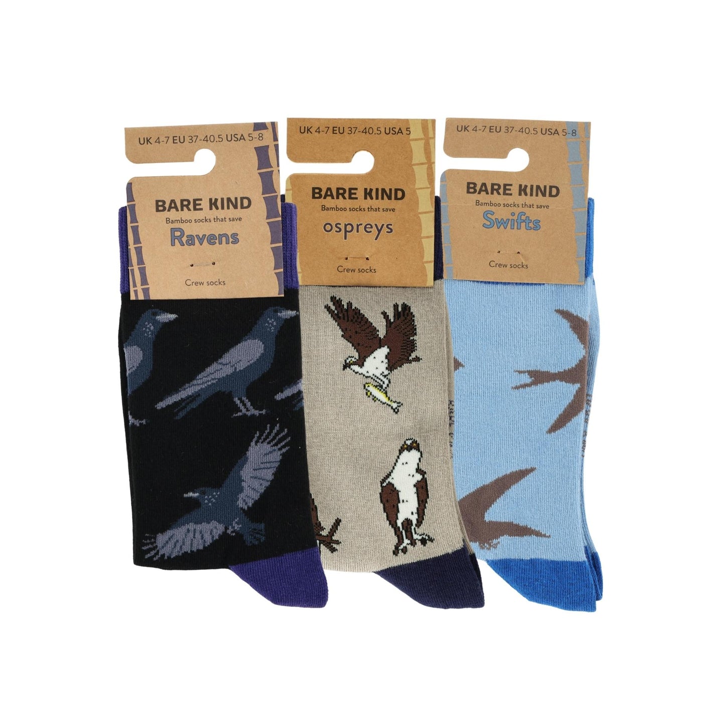 Three pairs of socks with bird designs on a white background, each in different colors and with 'Bare Kind' labels.