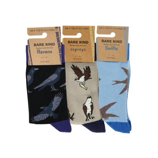 Three pairs of socks with bird designs on a white background, each in different colors and with 'Bare Kind' labels.