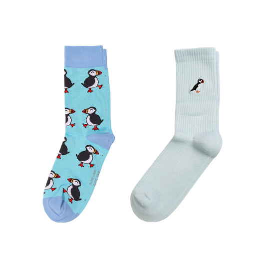 flat lays of Blue Puffin & Blue Ribbed Puffin bamboo socks