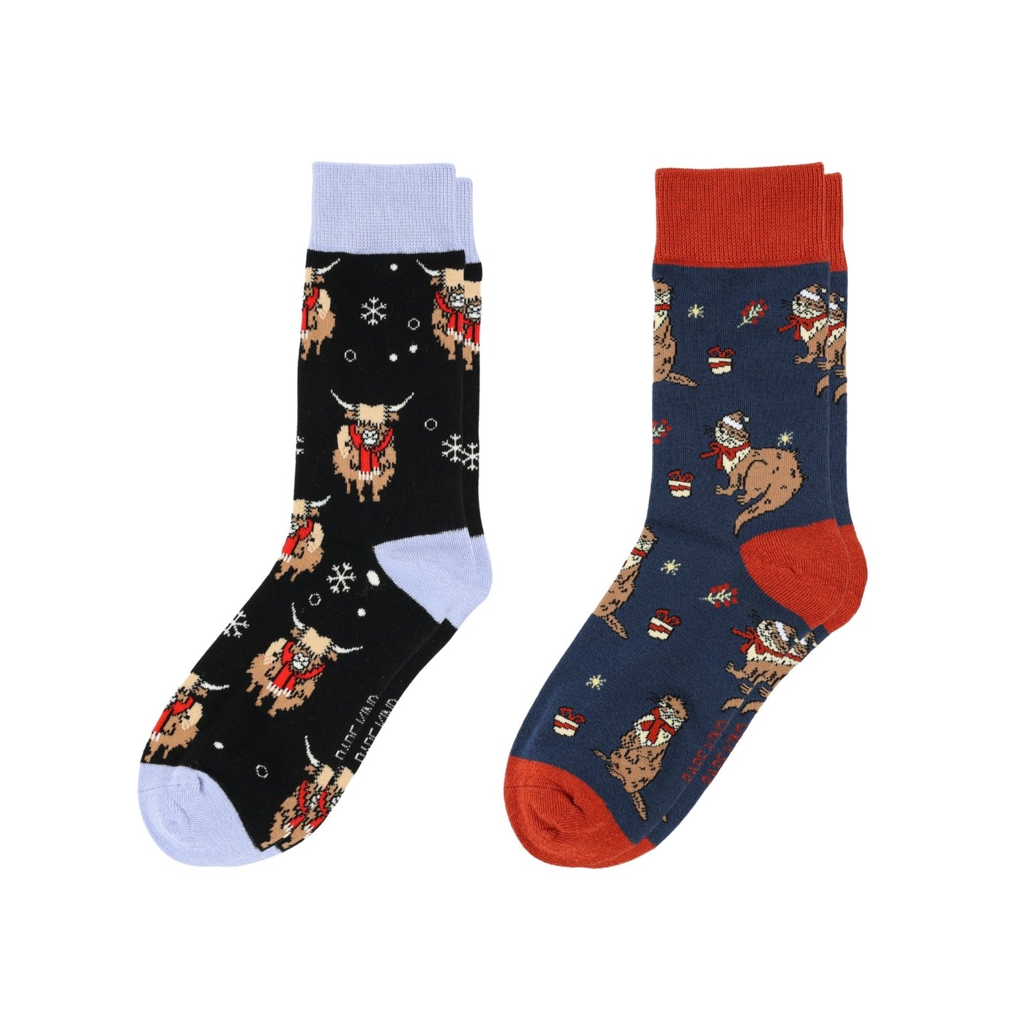 Two pairs of socks with festive designs on a white background
