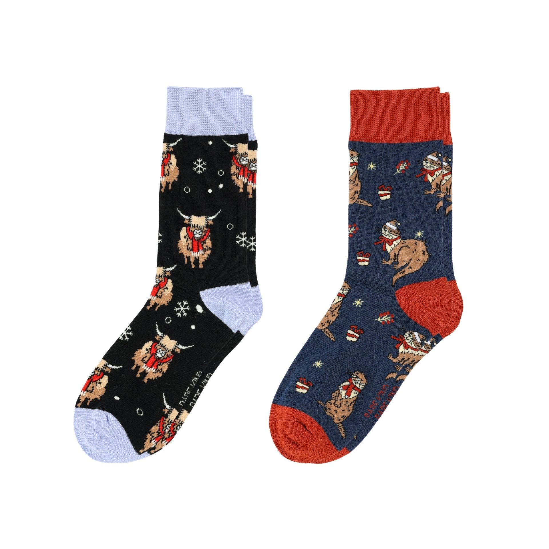 Two pairs of socks with festive designs on a white background