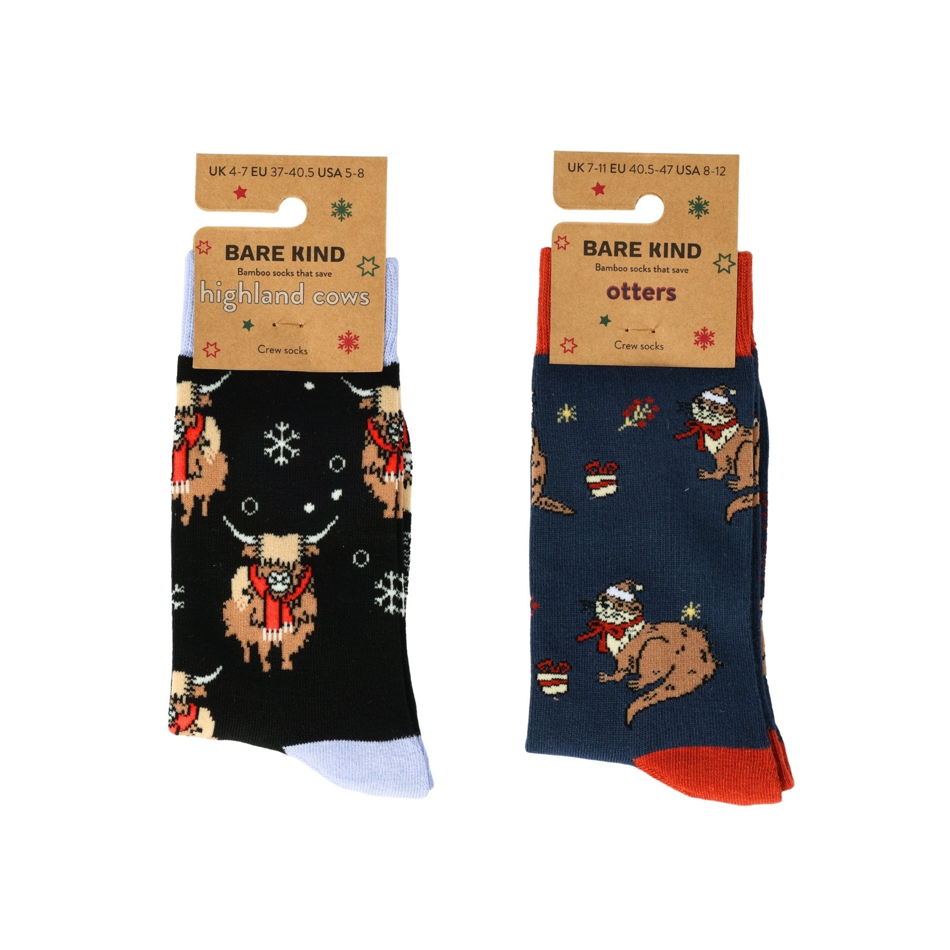 Two pairs of socks with animal designs on a white background