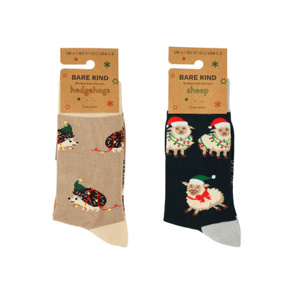 Two pairs of socks with animal designs on packaging labeled 'Bare Kind'.