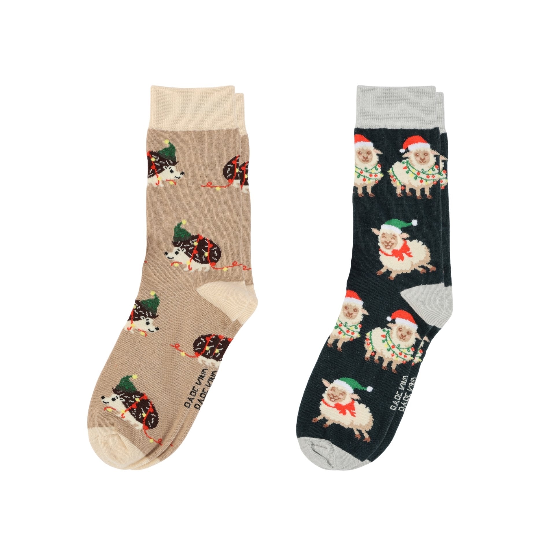 Two pairs of socks with festive designs on a white background