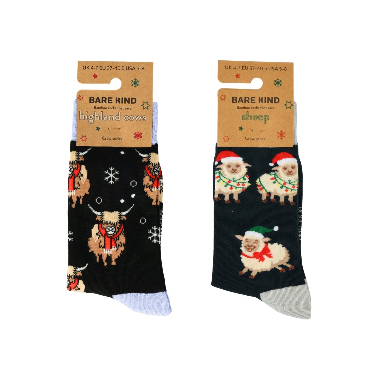 Two pairs of Christmas-themed socks with highland cows and sheep on a white background.