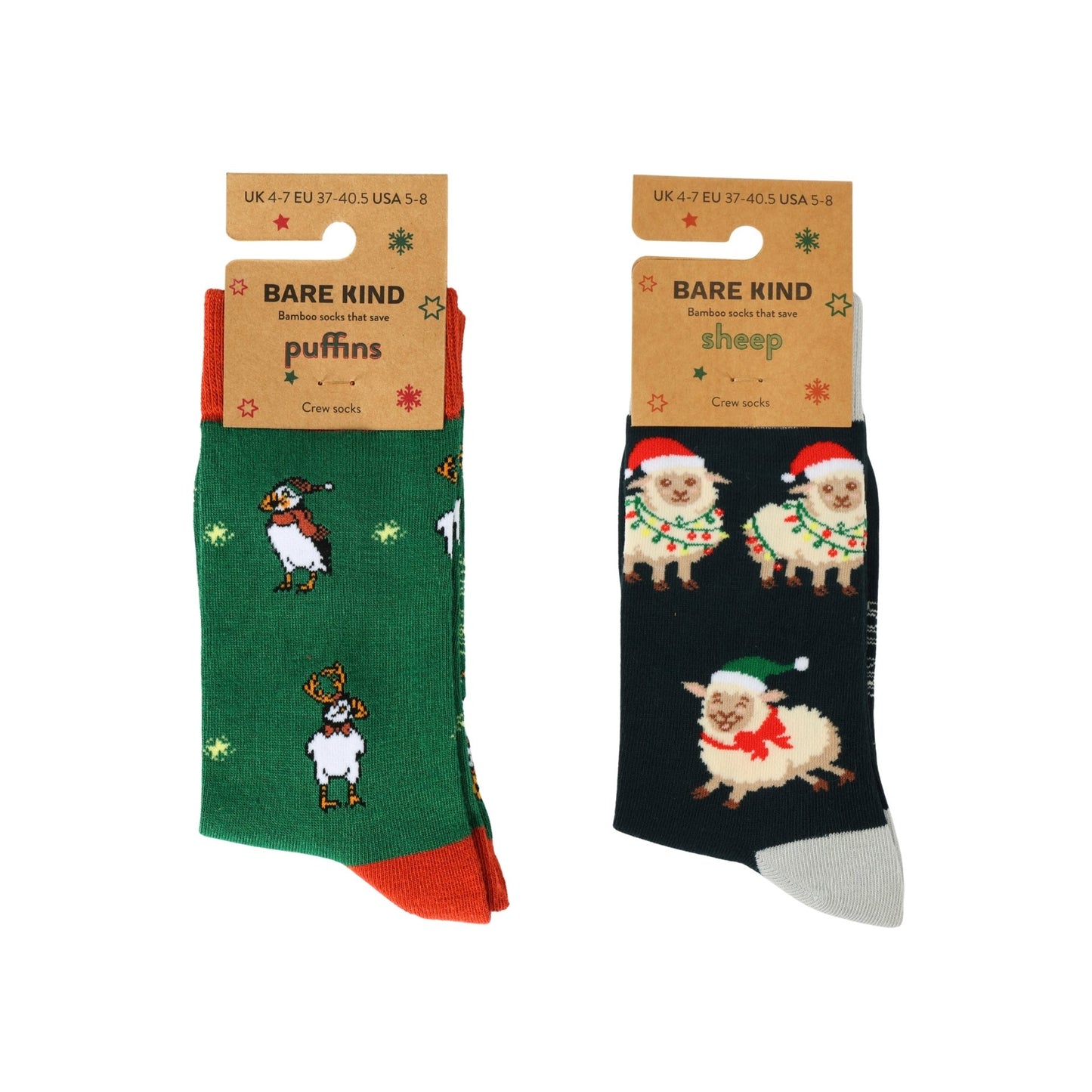 Two pairs of Christmas-themed socks with puffin and sheep designs on a white background.