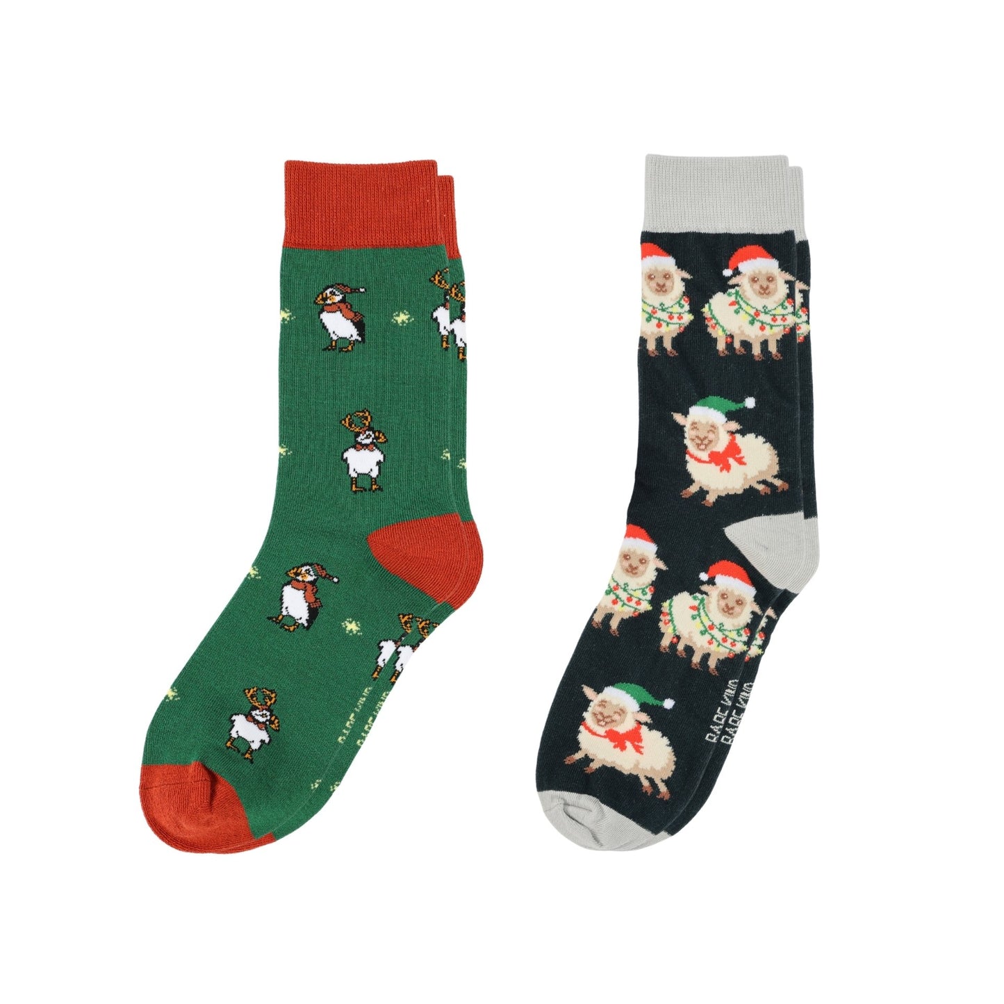 Two pairs of Christmas-themed socks on a white background