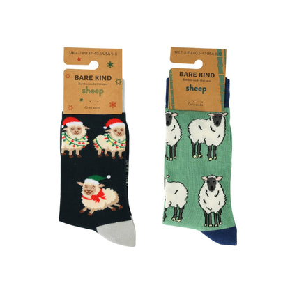 Two pairs of socks with sheep designs on a white background, each with 'Bare Kind' packaging.