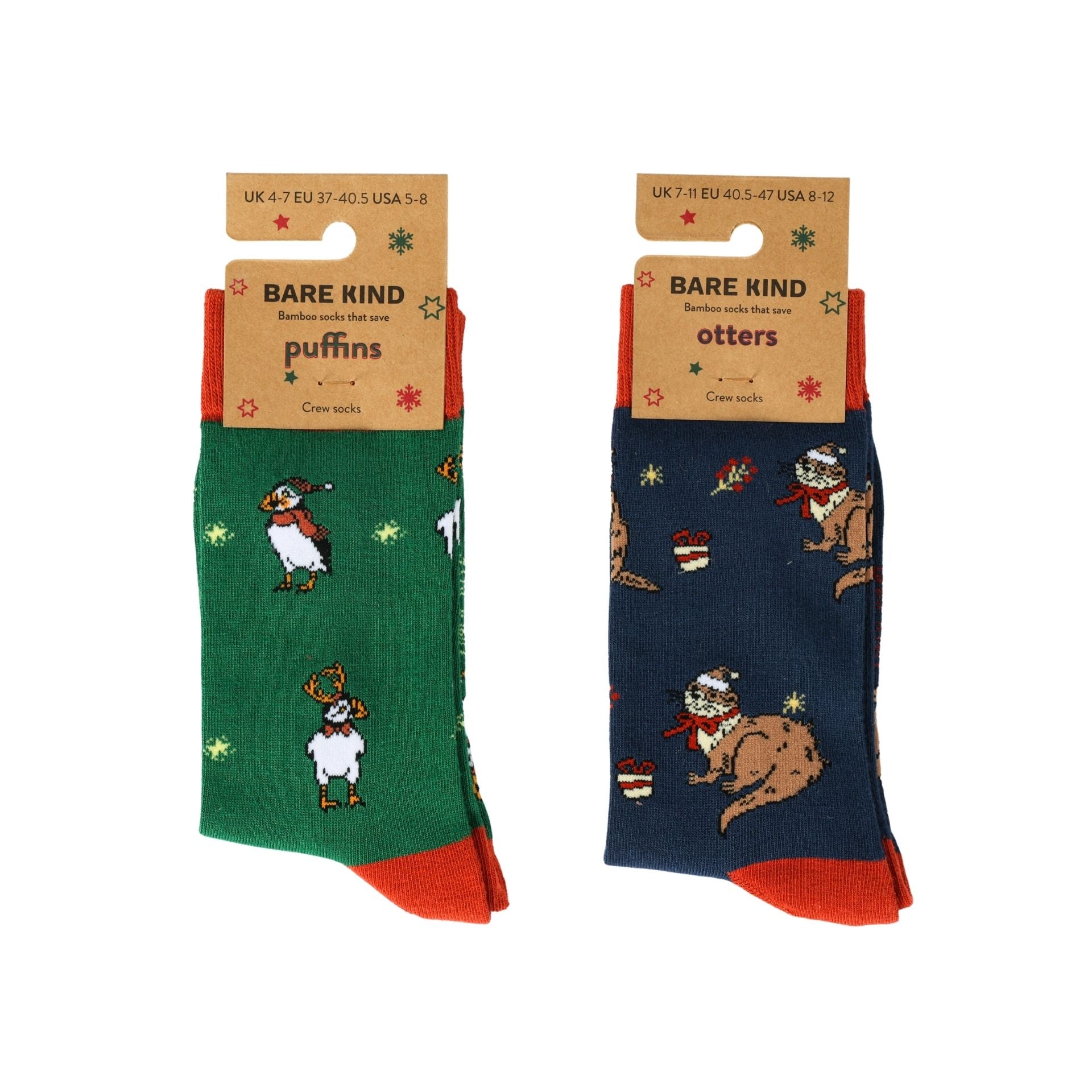 Two pairs of socks with animal illustrations on packaging labeled 'Bare Kind'.