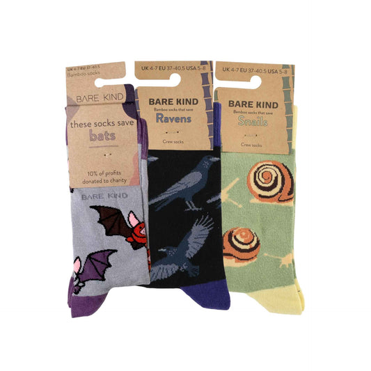 Three pairs of Bare Kind crew socks displayed side by side on a white background.