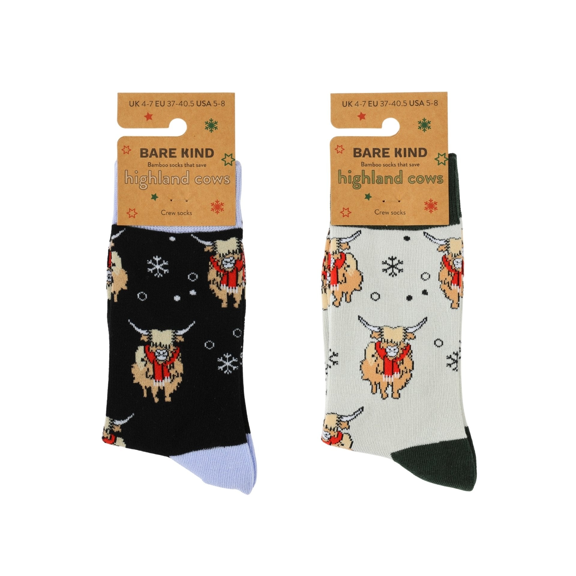 Two pairs of socks with highland cow designs on packaging labeled 'Bare Kind'.