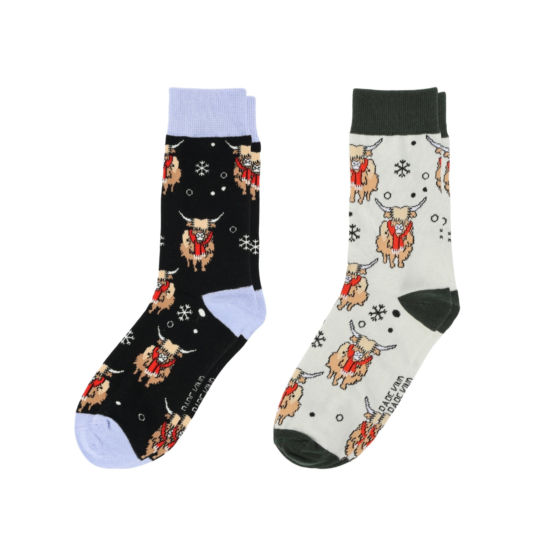 Two pairs of socks with highland cow patterns on a white background