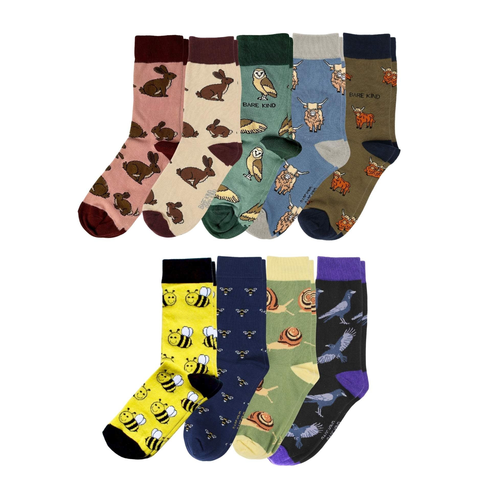 Set of colorful socks with animal patterns on a white background