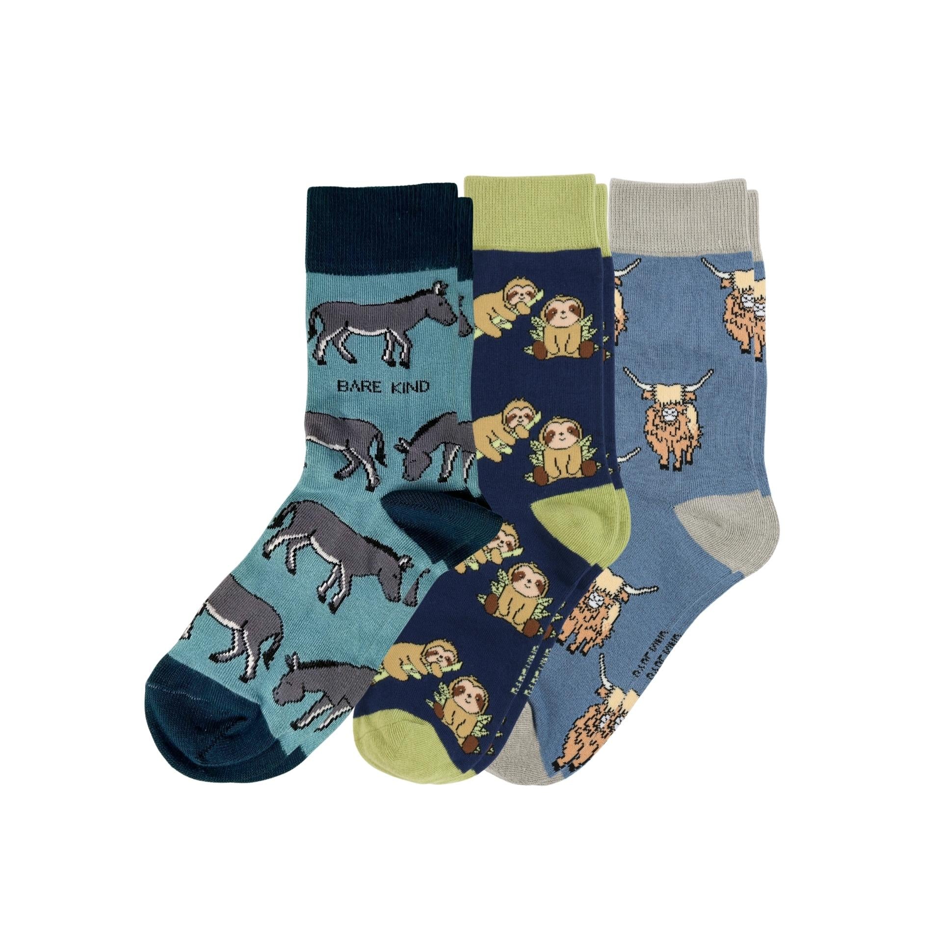 Set of three socks with animal patterns on a white background