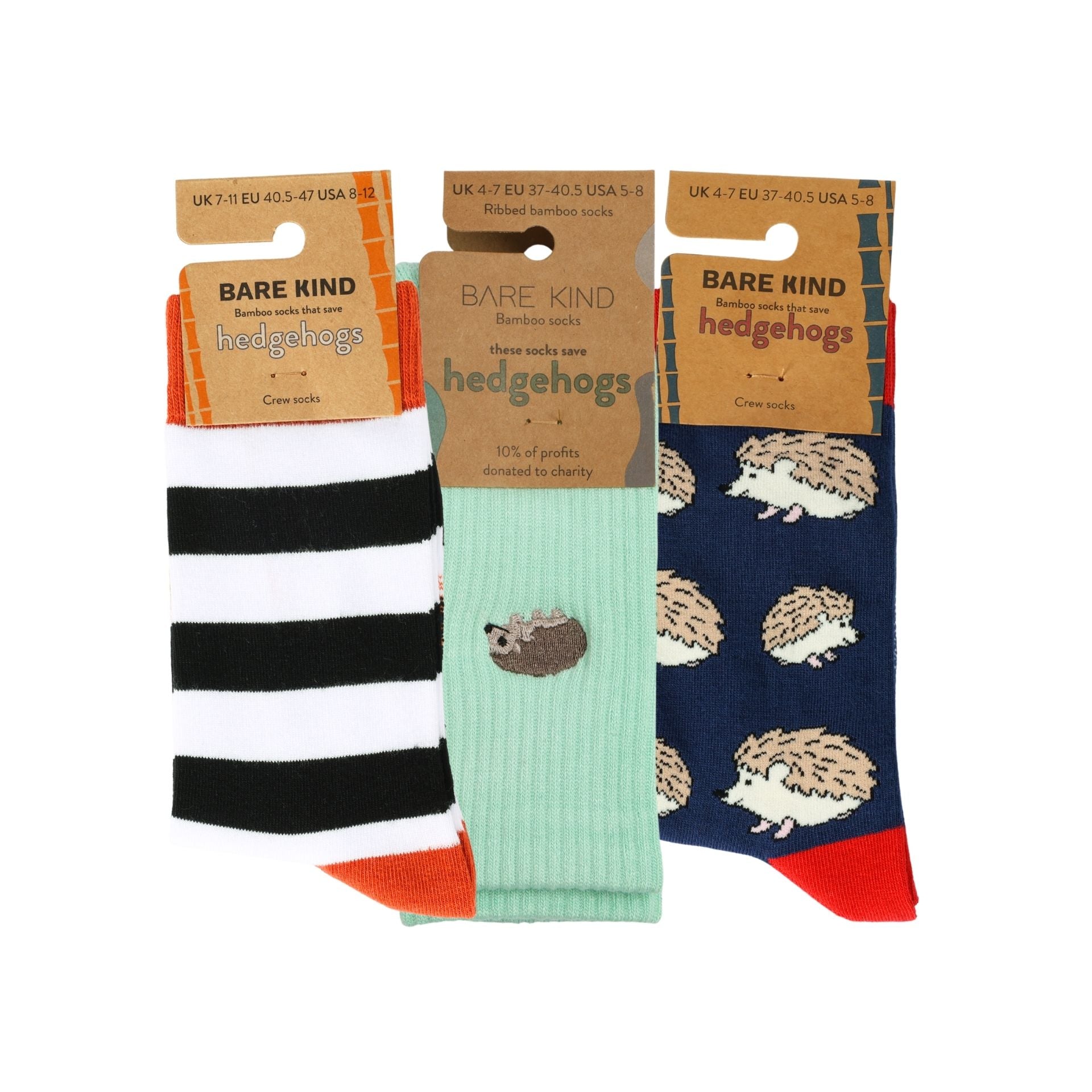 Three pairs of socks with hedgehog design packaging, labeled 'Bare Kind'.