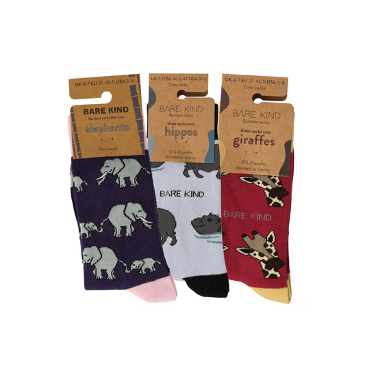 Elephant, hippo and giraffe bamboo socks