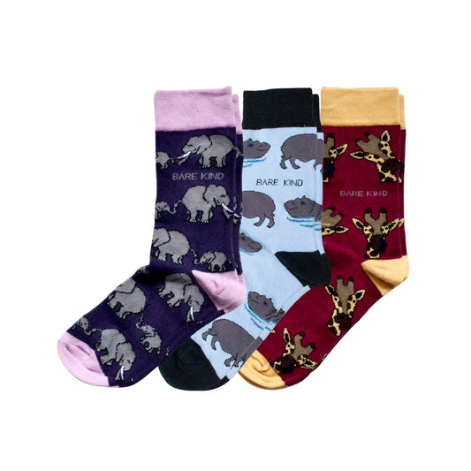 Three pairs Elephant, hippo and giraffe bamboo socks on a white background