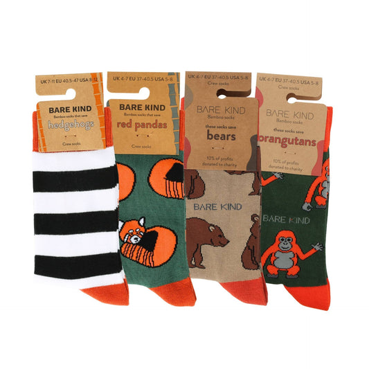 Set of four pairs of socks with animal-themed designs and 'Bare Kind' packaging.