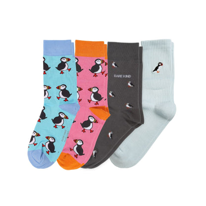 flat lays of Blue Puffin, Pink Puffin, Small Motif Puffin, Blue Ribbed Puffin bamboo socks