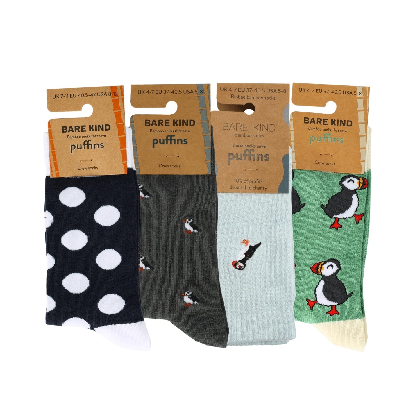 Four pairs of socks with puffin design packaging, labeled 'Bare Kind'.
