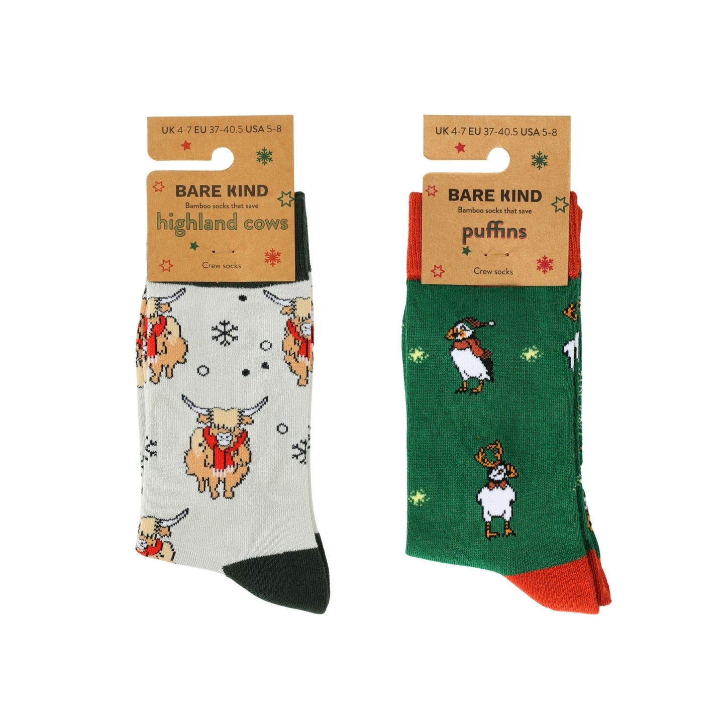 Two pairs of socks with animal designs on a white background, each in packaging with 'Bare Kind' branding.