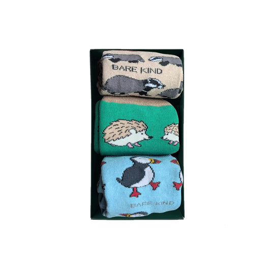 Set of three animal-themed socks in a black box packaging with 'Bare Kind' branding.